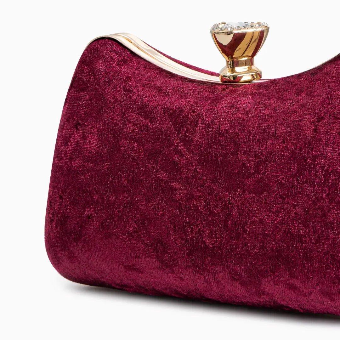 Sara | Wine Red Velvet Clutch with Decorative Closure & Metal Handle – Elegant Evening Bag for Women