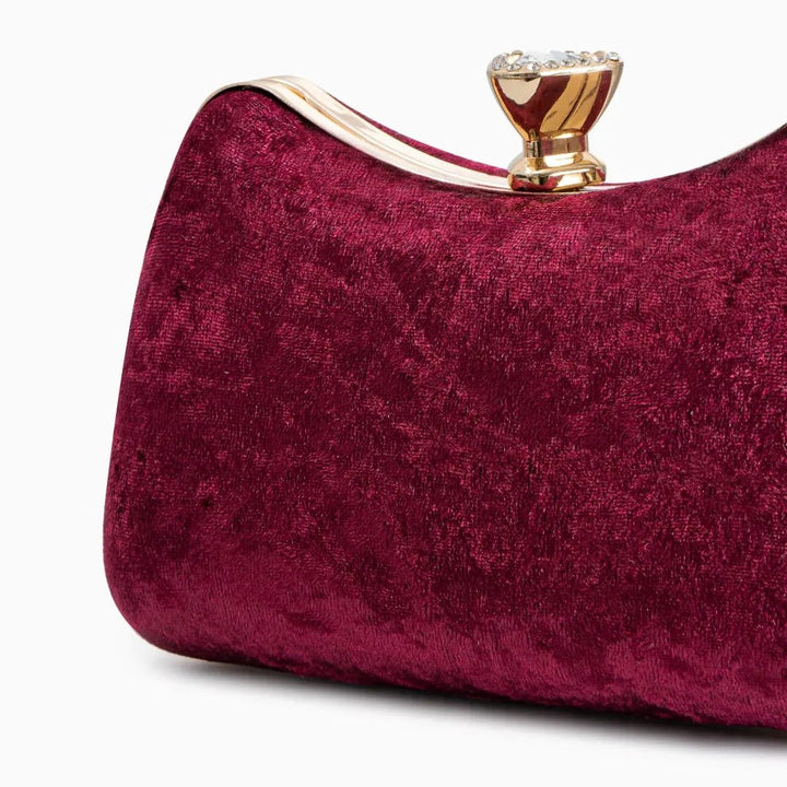Sara | Wine Red Velvet Clutch with Decorative Closure & Metal Handle – Elegant Evening Bag for Women