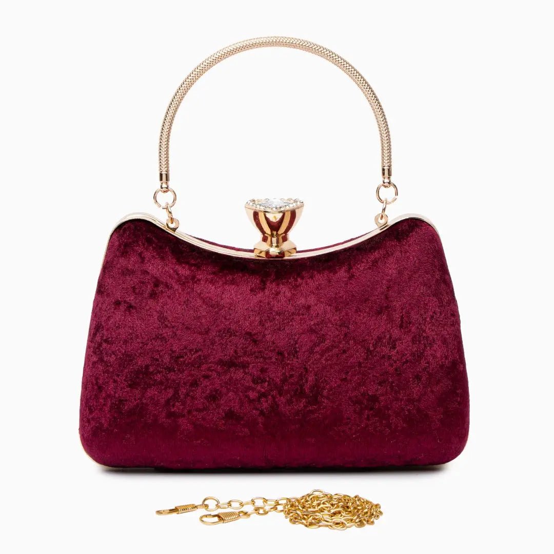 Sara | Wine Red Velvet Clutch with Decorative Closure & Metal Handle – Elegant Evening Bag for Women