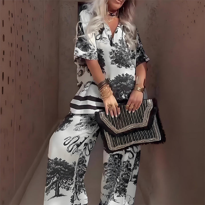 Lynette™ | Printed V-Neck Top & Long Pants