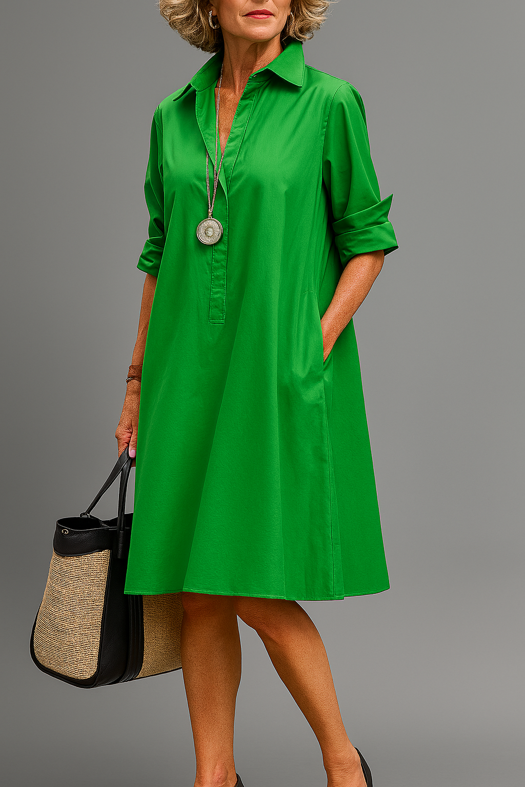 Clara | Women's Emerald Green Midi Shirt Dress