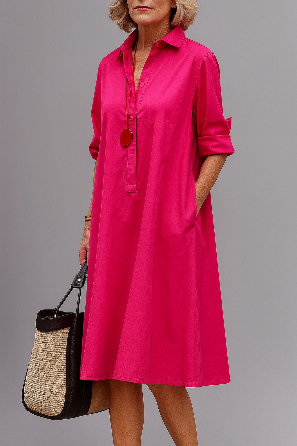 Wilma | Women's Hot Pink Midi Shirt Dress