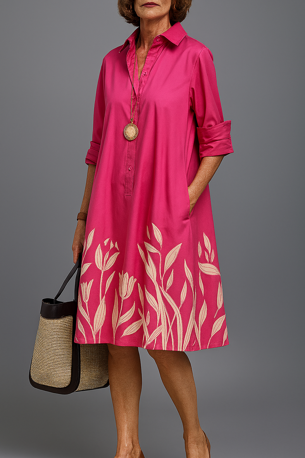 Annmarie | Women's Hot Pink Tropical Midi Shirt Dress