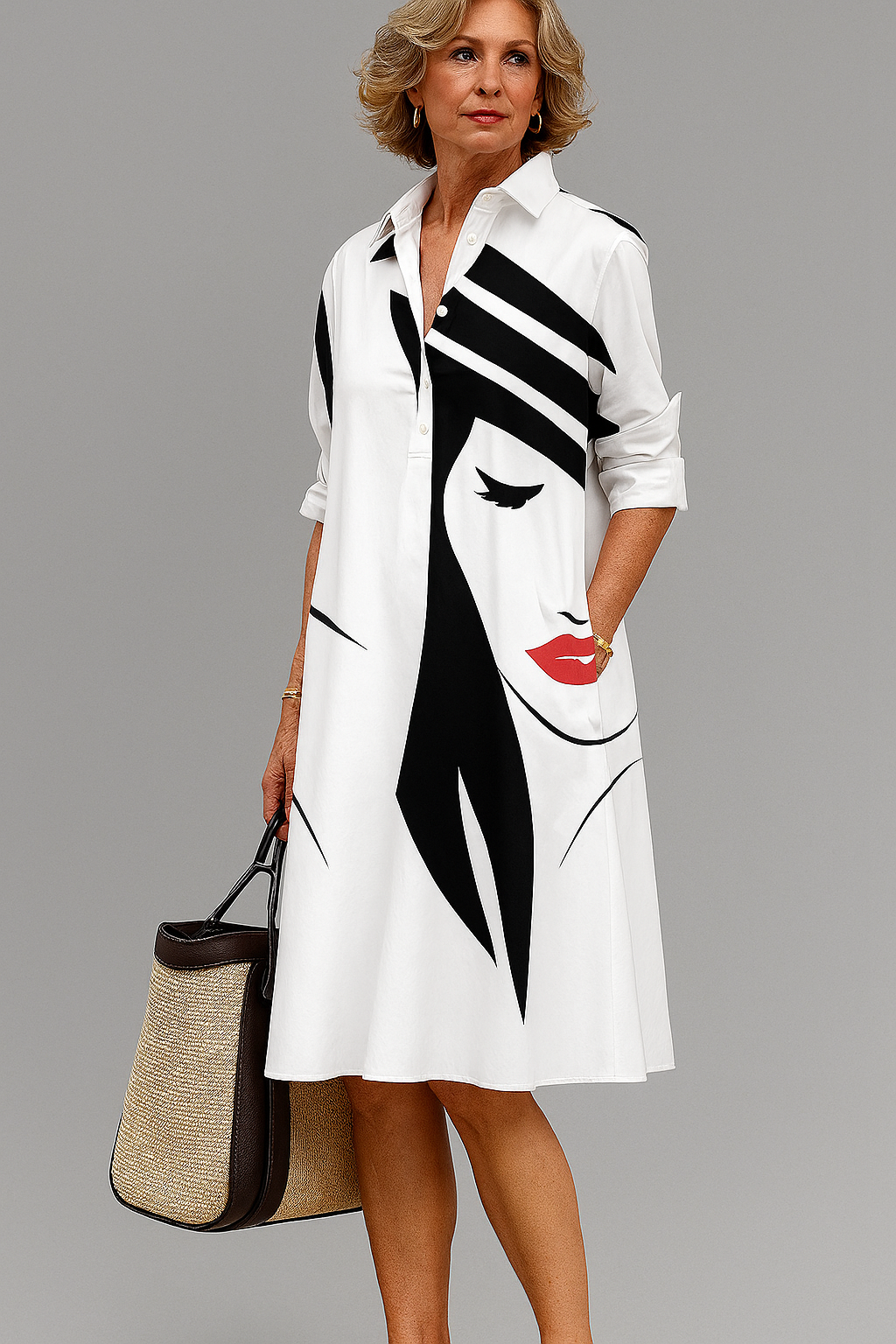 Yvette | Women's Picasso Line Art Midi Shirt Dress