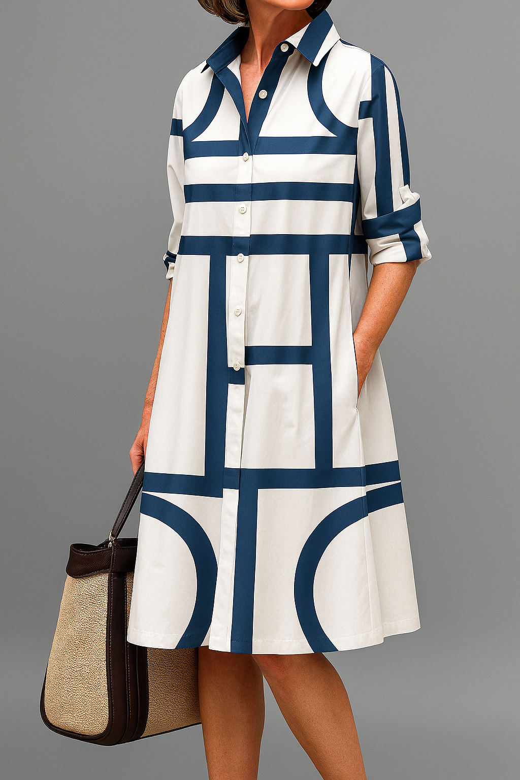 Sienna | Women's Navy Geometric Midi Shirt Dress