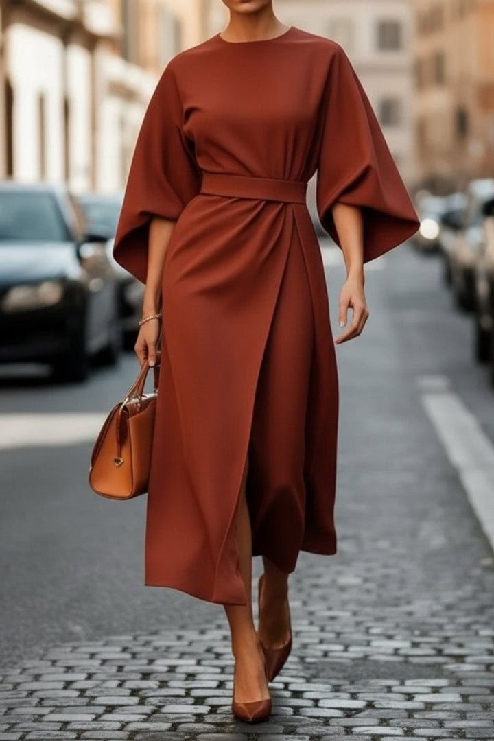 Valentina | Cape-Sleeve Belted Draped Fall Wedding Guest Midi Dress