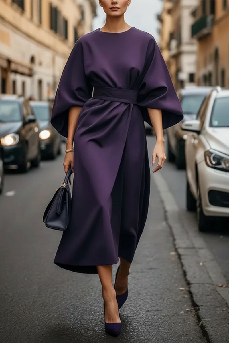 Valentina | Cape-Sleeve Belted Draped Fall Wedding Guest Midi Dress