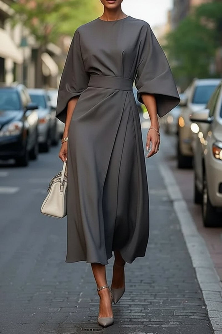 Valentina | Cape-Sleeve Belted Draped Fall Wedding Guest Midi Dress