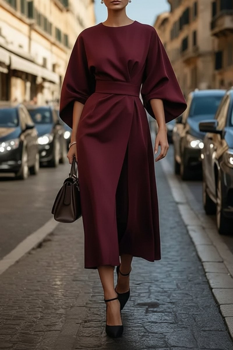 Valentina | Cape-Sleeve Belted Draped Fall Wedding Guest Midi Dress