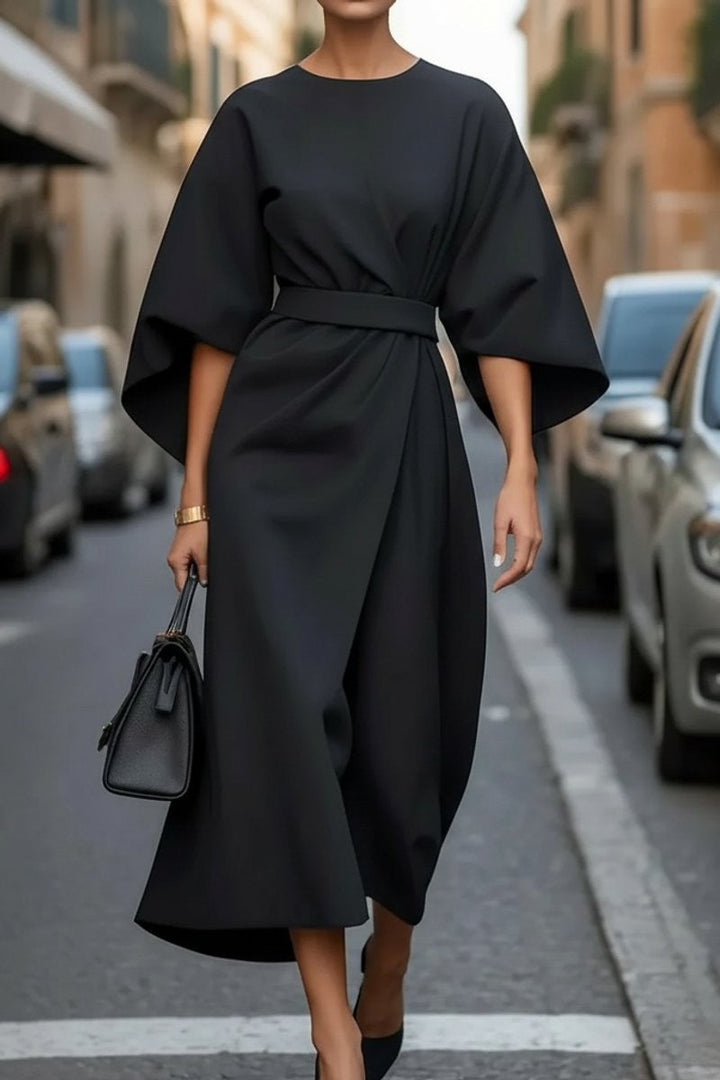 Valentina | Cape-Sleeve Belted Draped Fall Wedding Guest Midi Dress