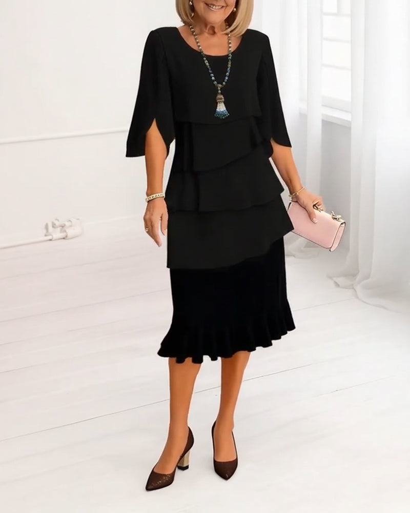 Margot | Layered Round-Neck Cape-Sleeve A-Line Midi Dress