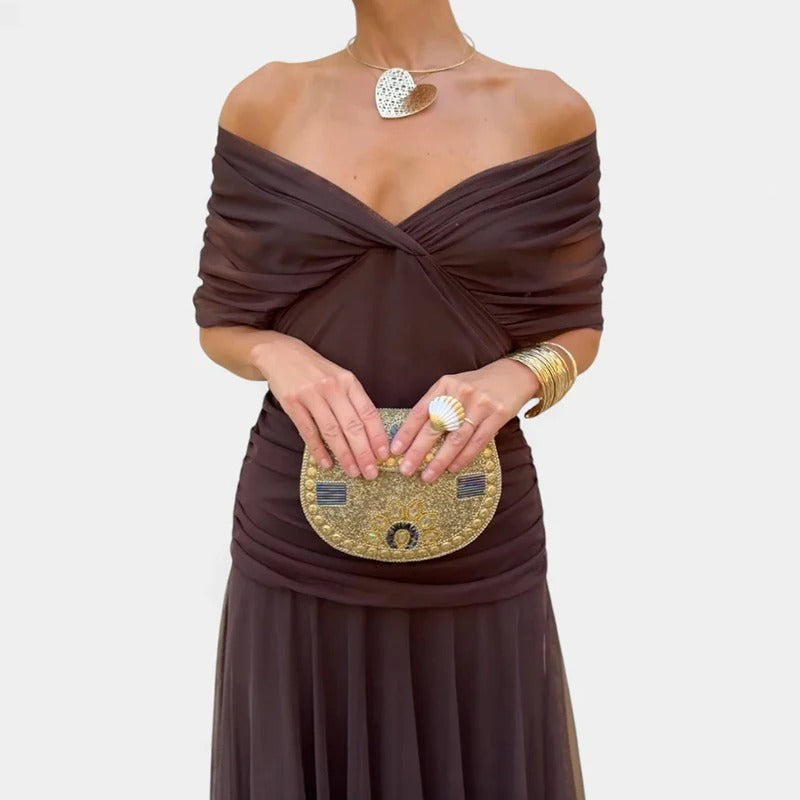 Willa | Off-Shoulder Twist-Front Ruched Puff-Sleeve Maxi Dress