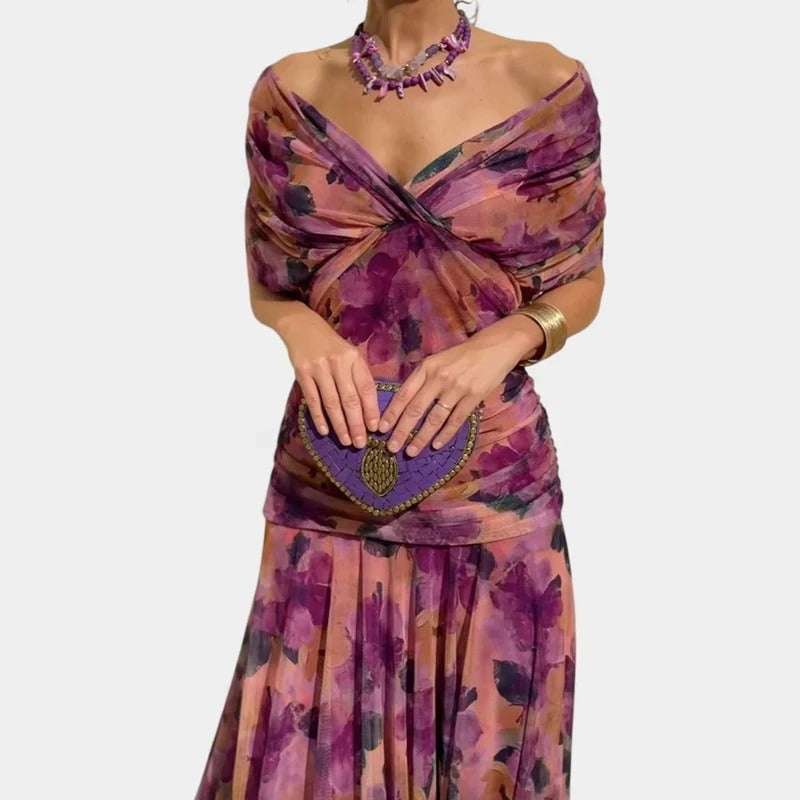 Willa | Off-Shoulder Twist-Front Ruched Puff-Sleeve Maxi Dress
