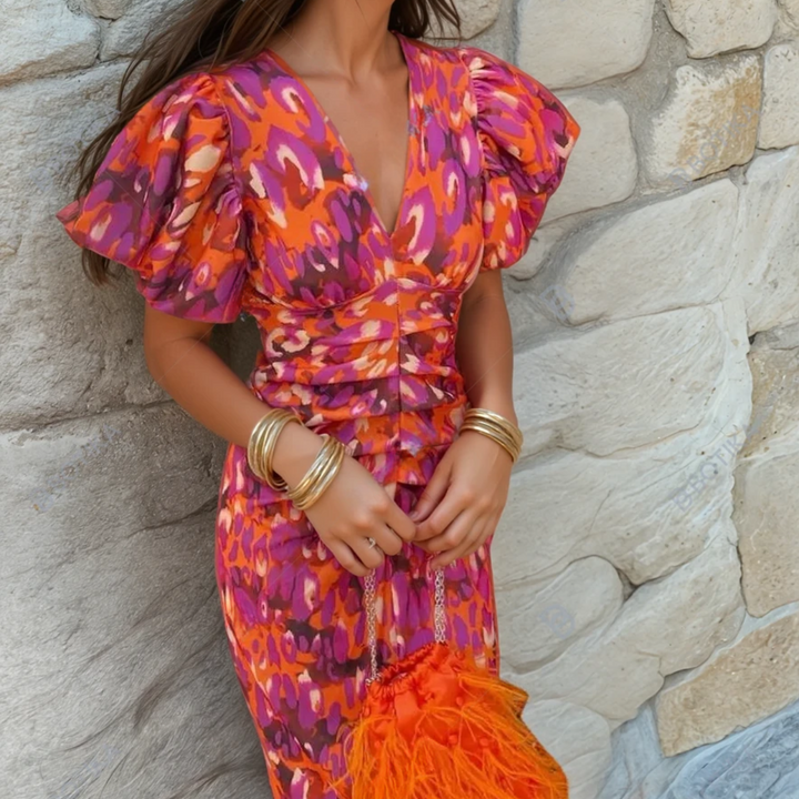 Odette | Abstract-Print V-Neck Puff-Sleeve Ruched Fall Wedding Guest Midi Dress