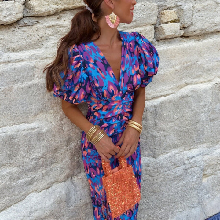 Odette | Abstract-Print V-Neck Puff-Sleeve Ruched Fall Wedding Guest Midi Dress